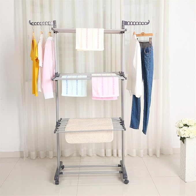 Foldable, Rolling, Stainless Steel Rods & Compact Storage Laundry Clothes Drying Rack System, Made-in-Korea, Premium Size