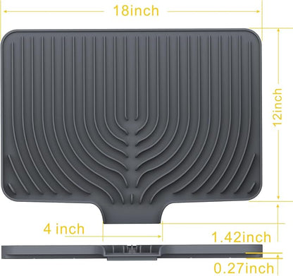 Silicone Drying Mat for Kitchen Counter , Dish Drying Rack Matt with Built in Drain, Small Dry Mats for Dishes Drying Pad for Kitchen Counter (18×12inch Extra Raised, gray)