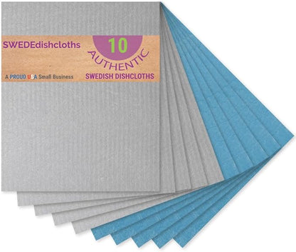 SWEDEdishcloths - Cellulose Sponge Dish Towels - Set of 10 (5 Blue / 5 Gray) Swedish Dish Cloths