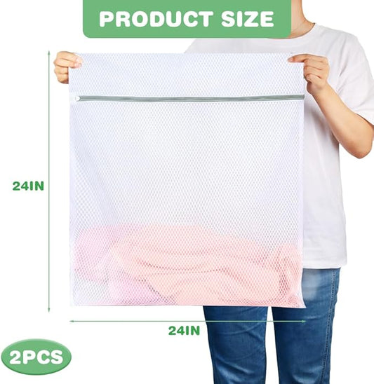 Tenn Well Durable Honeycomb Mesh Laundry Bags, 2 XX-Large 24in x 24in Washing Delicate Bags with Colorful Zipper for Huge Clothes, Curtain, Coverlet, Carpet