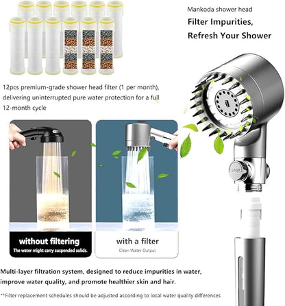 Filtered Shower Head with Handheld, 12 Replacement Filters for Hard Water & Chlorine Removal, 75" High Pressure Anti-Burst Hose, Power Wash for Deep Cleaning & One-Button Pause Switch for Kids & Pets