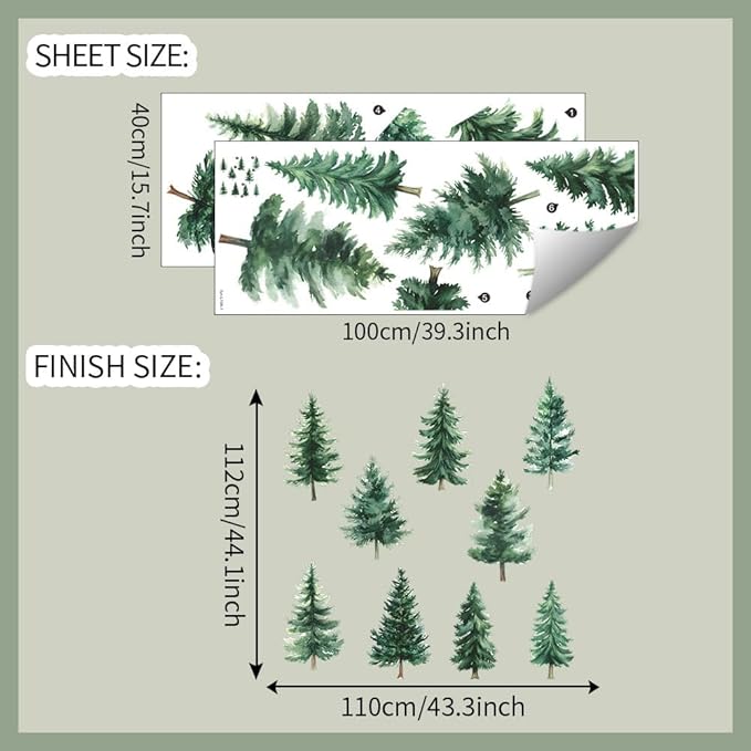 Watercolor Pine Tree Wall Decals Green Pine Tree Wall Sticker Forest Nature Woodland Home Decor for Nursery Bedroom Living Room