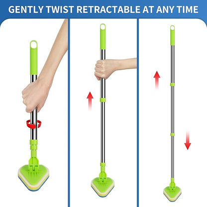 2 in 1 Scrub Cleaning Brush with 37” Long Extendable Handle,1 Stiff Bristle and 3 Sponge Brushes, Lightweigh Detachable Shower Scrubber for Cleaning Bathroom Shower Bathtub Glass Tile Floor