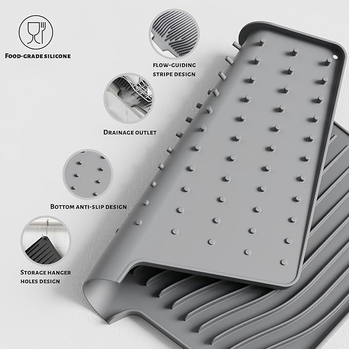 CIEO Silicone Dish Drying Mat for Kitchen Counter, Slope Fast Self-Draining, Non-Slip Drain Pad, Easy Clean Countertop Protection Mat, Multiple Use for Dishes Drying Rack（19"x 14",Gray）