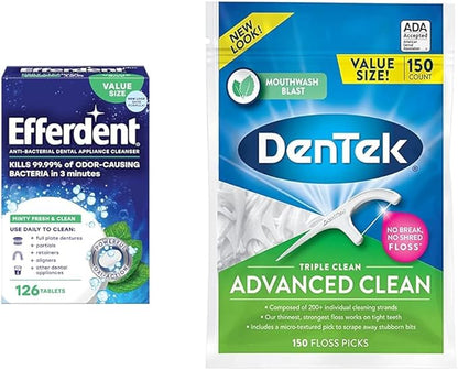 Efferdent Retainer Cleaning Tablets, Denture Cleaning Tablets for Dental Appliances & DenTek Triple Clean Advanced Clean Floss Picks, No Break & No Shred Floss, 150 Count