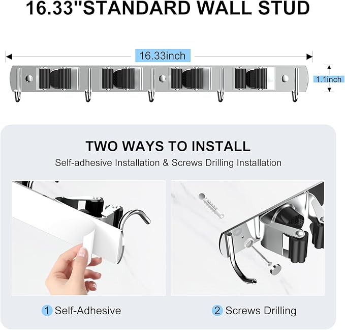 nacena 2 Pack Broom Holder Wall Mount Mop Hanger, Stainless Steel 4 Racks 5 Hooks Self Adhesive Heavy Duty Tool Organizer for Garage Kitchen Garden Laundry Room Home (Silver