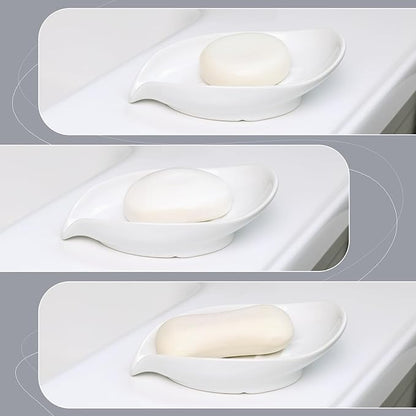 Soap Dish 2PCS, Self-Draining Bar Soap Holder, Leaf Shape Ceramic Drain Soap Dishes for Bathroom Kitchen, Easy to Clean Keeps Soap Dry, White, ANTIS'S HOME