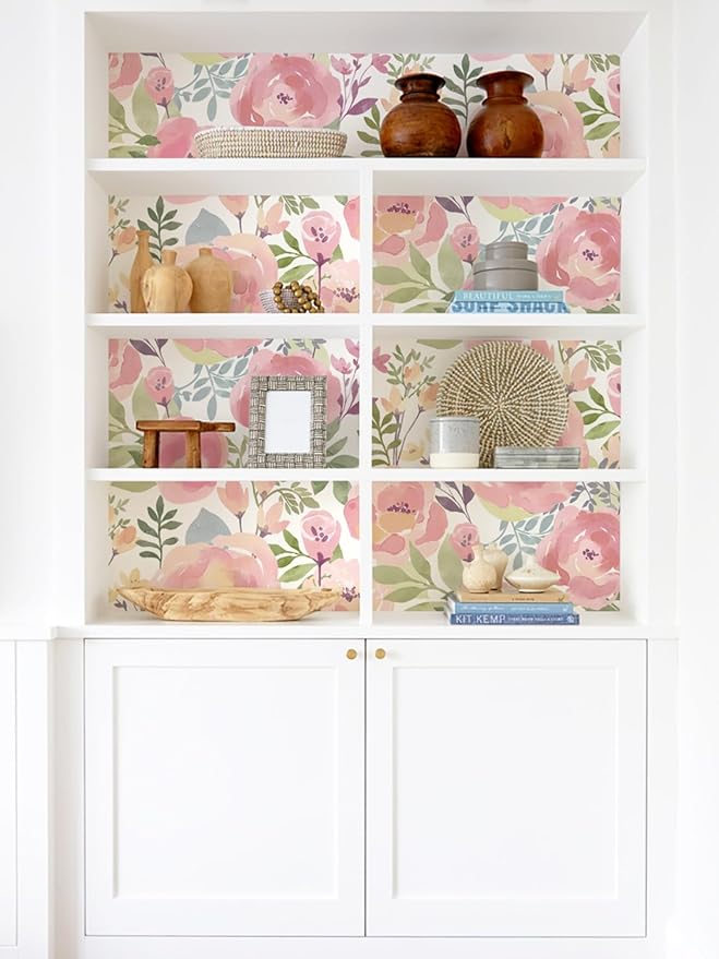 Orainege Floral Wallpaper Peel and Stick Wallpaper 16.9in x196.8in Peony Flowers Floral Contact Paper Removable Self Adhesive Wall Paper Decorative for Cabinets Walls Shelf Liner, Peachy