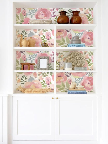 Orainege Floral Wallpaper Peel and Stick Wallpaper 16.9in x196.8in Peony Flowers Floral Contact Paper Removable Self Adhesive Wall Paper Decorative for Cabinets Walls Shelf Liner, Peachy