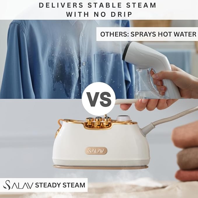 SALAV® Retro Edition Duopress Handheld Garment Steamer and Iron, Ceramic Plate, 1000 watts of Steam, Removes Wrinkles on Clothes, Vintage Style No Drip Steam, Pearl