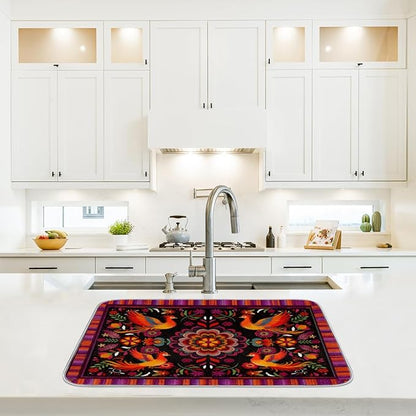 Dish Drying Mats with Hanging Loop for Kitchen Counter - Super Absorbent & Microfiber Sink Dry Mat with Mexican Flower, Non-Slip Backing, Dishes, Sink, Countertop Protection 18"x24"
