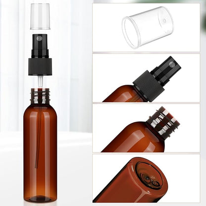 Nuogo 100 Pack 2 Oz Plastic Spray Bottles Reusable Mini Travel Size Perfume Refillable Mist Sprayer Empty Spritz Bottle for Household Use Essential Oil Cleaning(Amber)