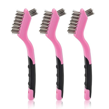 MAXMAN Wire Brush Set 3-Pack, Small Wire Brushes for Cleaning, Rust Remover, Dirt Cleaner, Metal Brush, Paint Scrubbing, 7" Deep Clean Detailing Tools, Stainless Steel Bristles, Pink.