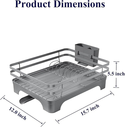 Kitsure Dish Drying Rack - Multi-Functional Dish Rack for Kitchen Counter with Cutlery Holder, Rust-Proof Storage Solution with Rotatable, 15.7" x 12.0" x 5.5", Grey
