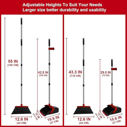 Broom and Dustpan Set, Large Household Broom with Dustpan Combo Set, 55 Inch Long Handle, Red Dust Pan Combo Set for Home