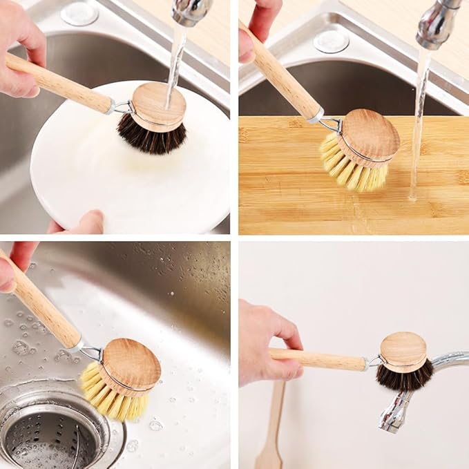 Bamboo Dish Brush with Handle, 3 Natural Bristle Heads (Horsehair, Sisal, Palm) Replaceable Heads, Wooden Dish Brush for Washing and Cleaning Pot Pan Bowl
