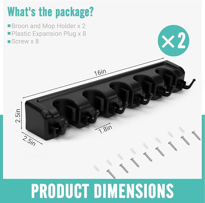 InPoTo Broom and Mop Holder, Wall Mounted Organizer Mop and Broom Storage Tool Rack with 5 Ball Slots and 6 Hooks (2Pack)