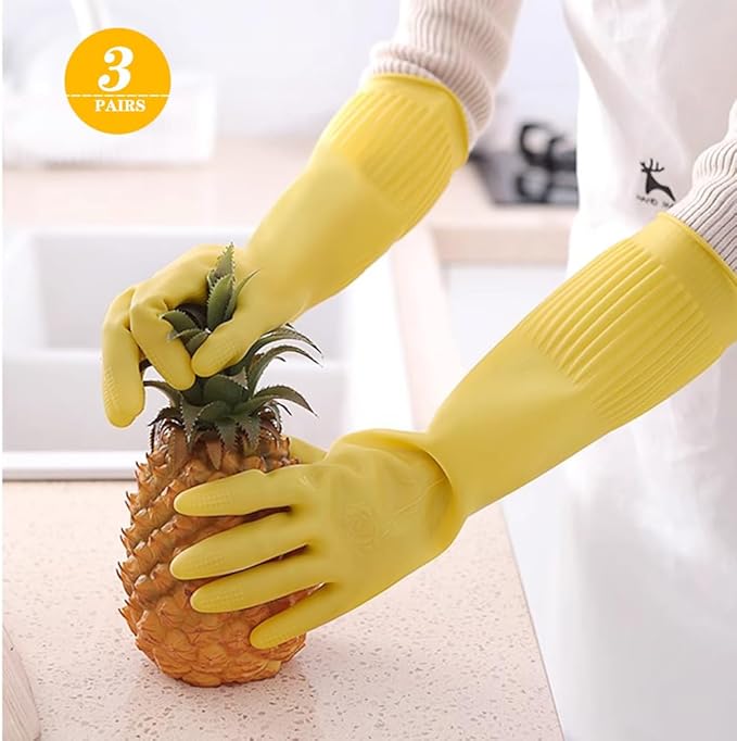 6 - Pair 17.8 - Inch Elbow - Length Reusable Rubber Waterproof Household Cleaning and Kitchen Dishwashing Gloves - Large Size