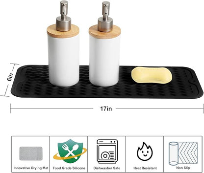 ZLR 2 Pcs Silicone Sponge Holder & Sink Caddy Tray (6" x 17") - Narrow Dish Drying Mat for Kitchen Counter - Waterproof Soap Dispenser Organizer, Non-Slip Bathroom Vanity Tray (Black)