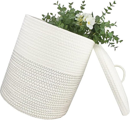 Yimi's Dream Woven Basket with Lid, Decorative Rope Storage Baskets for Organizing, medium Baskets for Baby, Kids, Toys, Blanket, Woven Baskets for Storage (White & Blacksuture, 12D x 13.5H inch)