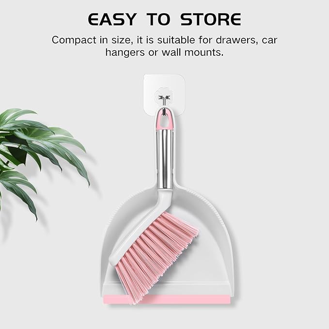 NACENA Mini Broom and Dustpan Set 2 Packs, Small Dust Pan and Brush Set with Handle Dustpan Teeth for Cleaning Hair Suitable for Office Desks Drawers Sofas Outdoor Camping, Pink