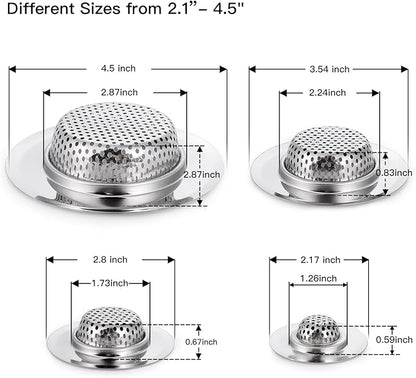 CORNERJOY 4 Pack Heavy Duty Stainless Steel Kitchen Sink Drain Strainer, Bathroom Hair Catcher Shower Drain Cover, Sink Tub Drain Stopper, Wash Basin Floor Drain, 2.1 to 4.5 Inch Diameter Rim