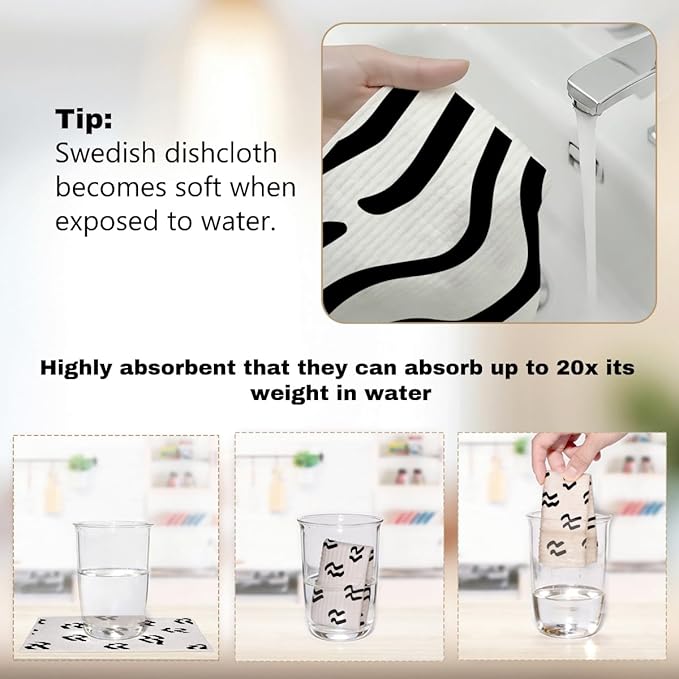 6 Pack Swedish Dishcloths for Kitchen, Reusable Dish Cloths Towels, Washable Absorbent Cellulose Sponge Cloths No Odor, Kitchen Essentials for Dish Washing Cleaning