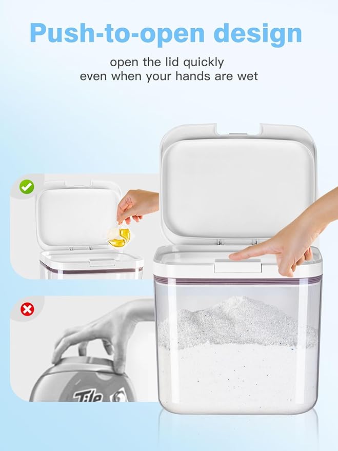 LivLab Mker 4 Pack Laundry Detergent Dispenser with One-Press Lid, Clear PET Powder container with Measuring Cup, Pods container set of 4
