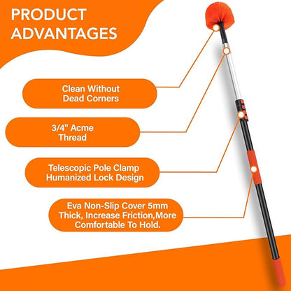 20FT Cobweb Duster with Extension Pole - High Reach Duster for High Ceilings & Outdoor Use - Telescoping Pole 3-12 Ft, Soft Bristles Cobweb Cleaner - 3/4" Acme Universal Thread