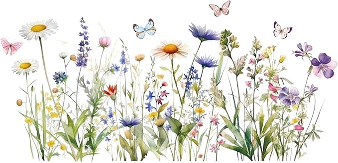 Wildflower Grass Daisy Wall Decals, Garden Floral Butterflies Flower Wall Stickers, BWCXXZH Self-Adhesive Wall Art Stickers for Girls Bedroom Living Room Nursery Decor