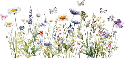 Wildflower Grass Daisy Wall Decals, Garden Floral Butterflies Flower Wall Stickers, BWCXXZH Self-Adhesive Wall Art Stickers for Girls Bedroom Living Room Nursery Decor