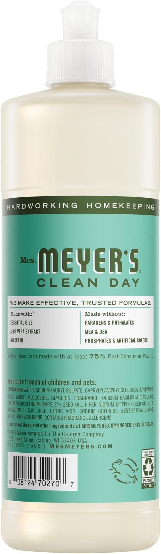 MRS. MEYER'S CLEAN DAY Liquid Dish Soap, Basil Scent, 16 Fl Oz Bottle - 3 Pack
