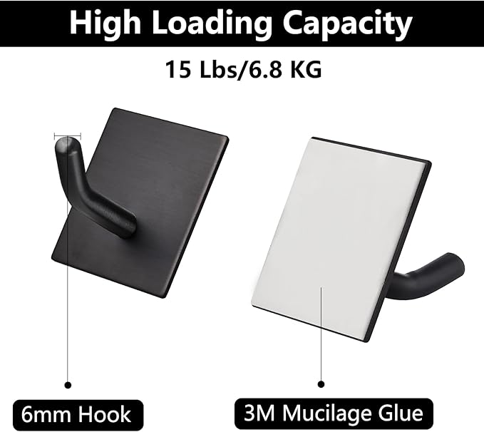 FOMANSH Heavy Duty Adhesive Hooks, Stick on Wall Adhesive Hangers, Strong Stainless Steel Holder, Self Adhesive Hooks for Kitchen Bathroom Home Door Towel Coat Key Robe 6 Packs Black