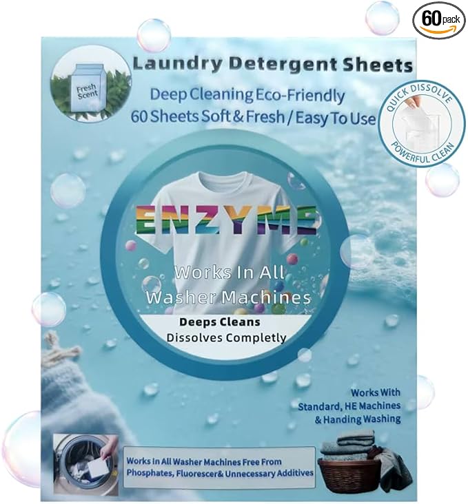 Eco-Friendly Laundry Detergent Sheets - 60 Loads Eco Liquidless Soap - Travel-Friendly for Hot & Cold Cycles, Tackles Tough Stains & Odors - Gentle on Sensitive Skin-Easy To Use (Fresh Scent)