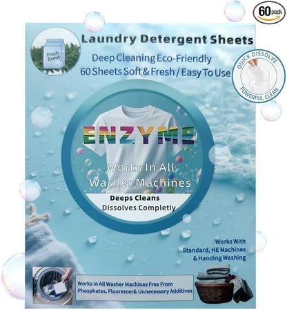 Eco-Friendly Laundry Detergent Sheets - 60 Loads Eco Liquidless Soap - Travel-Friendly for Hot & Cold Cycles, Tackles Tough Stains & Odors - Gentle on Sensitive Skin-Easy To Use (Fresh Scent)
