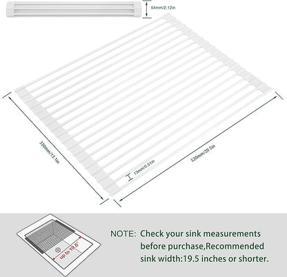HANZENMA Roll Up Dish Drying Rack Over The Sink Kitchen Roll Up Sink Drying Rack Multipurpose Foldable Sink Drying Mat, Heat-Resistant, Anti-Slip & Anti-Rust Dish Rack for Kitchen, 20.5" x 13", White