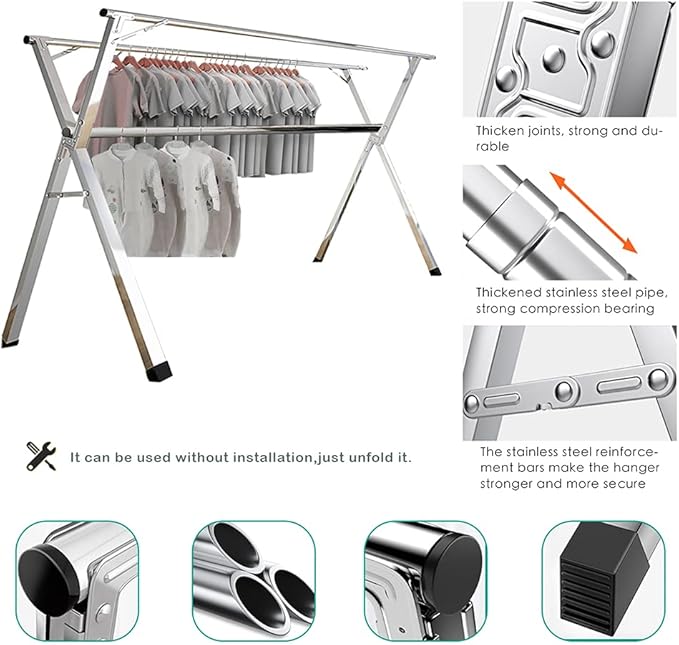 AIODE Clothes Drying Rack for Laundry Foldable, 79 inch Stainless Steel Pool Towel Rack Outdoor Free Standing Clothing Hanger Indoor
