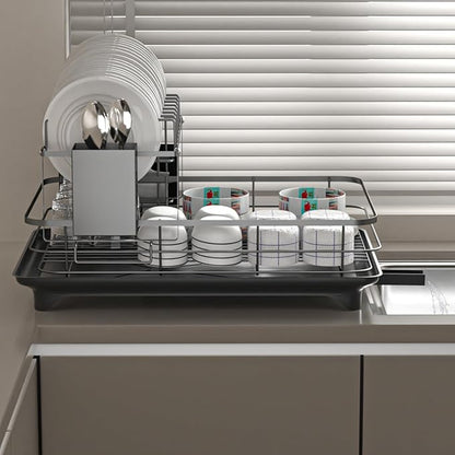Dish Drying Rack,2-Tier Rustproof Steel Kitchen Organizer with Drainboard & Utensil Holder, Large Capacity Dish Drainer Organizer for Bowls/Cups/Bottles (MS-A-356-1)
