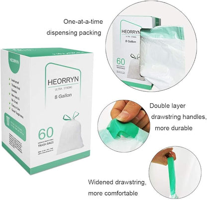 8 Gallon Drawstring Trash Bags-0.79 Mil Ultra Strong Medium Trash Can Liners for Kitchen/Office, Unscented White Garbage Bags, 60 Count