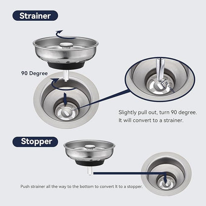 2 Pack Kitchen Sink Strainer and Stopper Combo - Stainless Steel Basket with Plastic Knob and Rubber Stopper Bottom, Fits Standard 3-1/2 Inch Drains