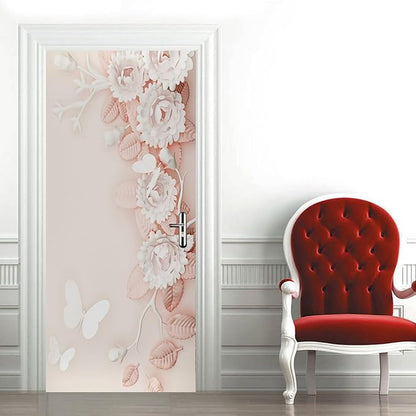 A.Monamour 3D Door Stickers for Interior Doors Pink White Flowers Floral Background Vinyl Waterproof Self Adhesive Door Mural Decals for Bedroom Office Bathroom 95x215cm