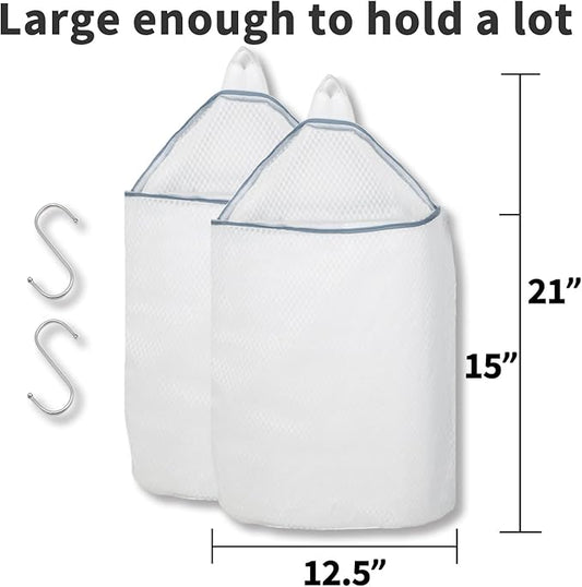 2Pcs Mesh Hanging Laundry Bags for Washing Machine, 15 X 12 inch Wash Bag for Clothes Delicates Lingerie with S Hooks