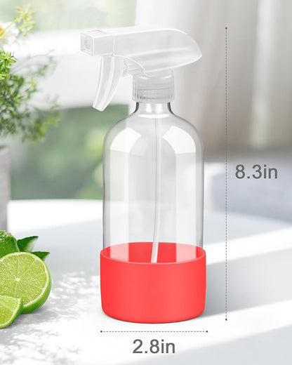 Rionisor Glass Spray Bottles with Silicone Sleeve Protection, Empty 16OZ Reusable Spray Bottles, Refillable Containers with Spray Nozzles for Cleaning Solutions, Plants and Essential Oils 1 Pack Red