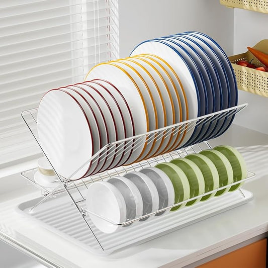 Dish Drying Rack with Drip Tray, Upgrade 3 Tier Collapsible Stainless Steel Dish Drainer, Plate Rack Holder for Kitchen Counter, Folding Dish Rack for Kitchen Sink, Countertop,Cutlery, Plates, Dishes