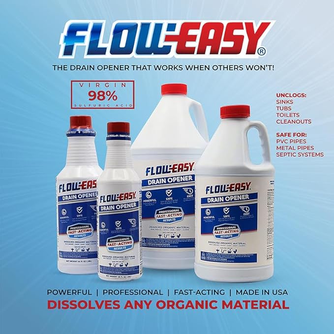Flow-Easy Professional Virgin Sulfuric Acid Drain Opener – 6 Pack (32oz Bottles) – Fast-Acting Liquid Clog Remover for Grease, Hair, & Soap Scum – Septic Safe & Industrial Strength