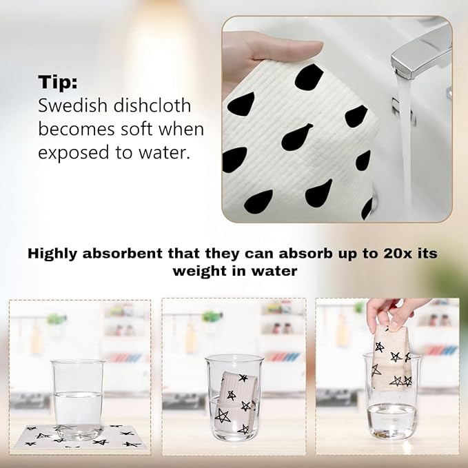 6 Pack Swedish Dishcloths, Black Pattern Reusable Paper Towels Dish Towels, Washable Absorbent Cellulose Sponge Cloths No Odor, Eco Kitchen Cloths for Dish Washing Home Cleaning