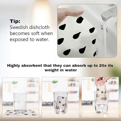 6 Pack Swedish Dishcloths, Black Pattern Reusable Paper Towels Dish Towels, Washable Absorbent Cellulose Sponge Cloths No Odor, Eco Kitchen Cloths for Dish Washing Home Cleaning