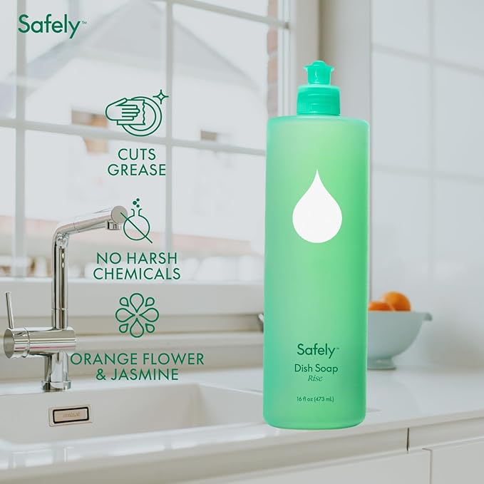Safely Liquid Dish Soap - Removes Tough Stains and Baked-on Messes, Cuts Grease - Biodegradable Formula -Safe for Baby Bottles - 16 Fl Oz - Pack of 6, 96 Fl Oz in Total