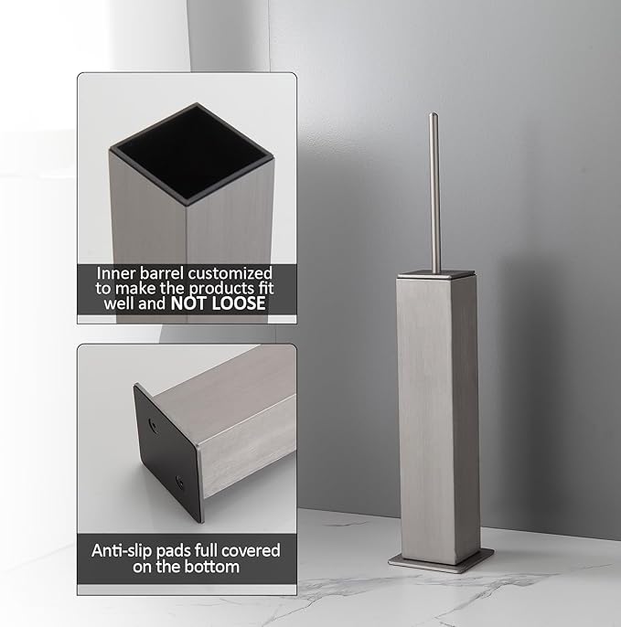 BGL Toilet Brush with Holder Set Brushed Nickel Aluminium Standing for Bathroom Toilet Bowl Cleaner Brush and Holder Set, Square Design
