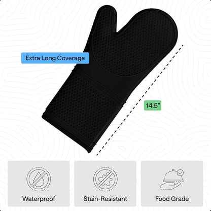 GORILLA GRIP BPA-Free Soft Silicone Oven Mitts, 14.5x8.3, Heat Resistant and Waterproof Cooking Gloves, Thick Cotton Lining, Flexible Gripping for Baking Grilling, Kitchen Potholders Set of 2, Black